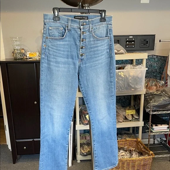 Veronica Beard Carly Kick Flare High Rise Light Wash Straight 5-Button Size 28 - Picture 1 of 10
